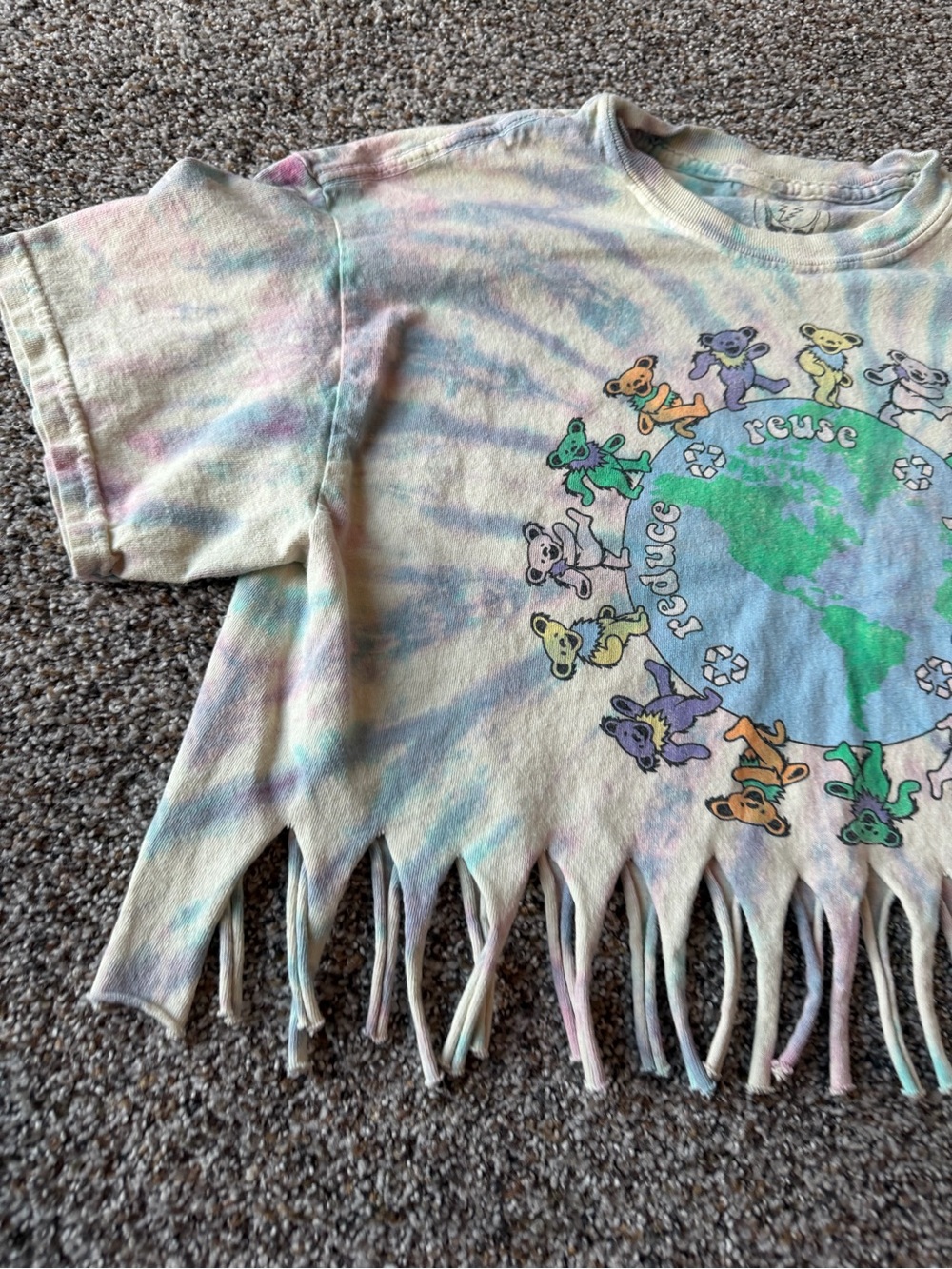 Grateful Dead S/M Dancing Bears Tie Dye Fringe Crop Reduce Reuse Recycle Tee - Picture 2 of 6
